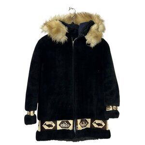David Green Alaska Anchorage Women Small Hooded Parka Coat Black Fur Trim Zip